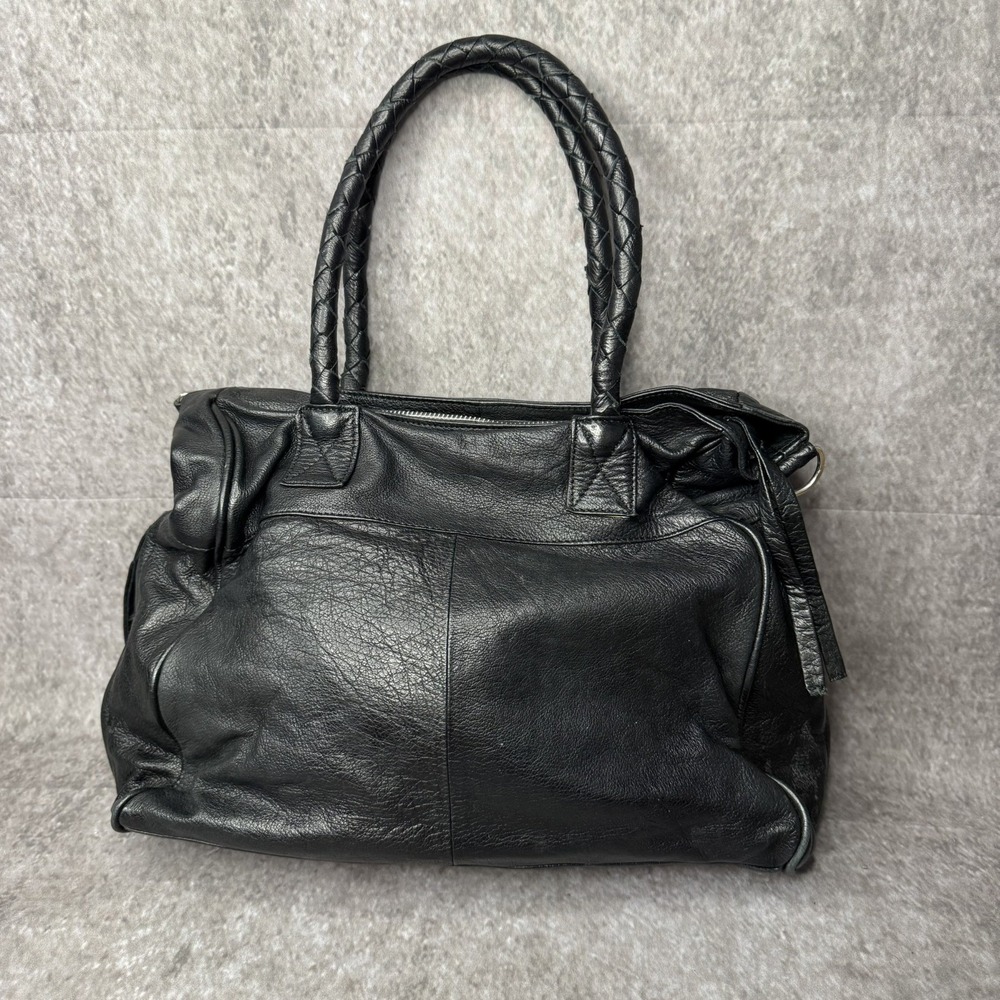 Day & Mood Phoebe Tote Black Pebbled Leather Satchel Bag Braided Handles